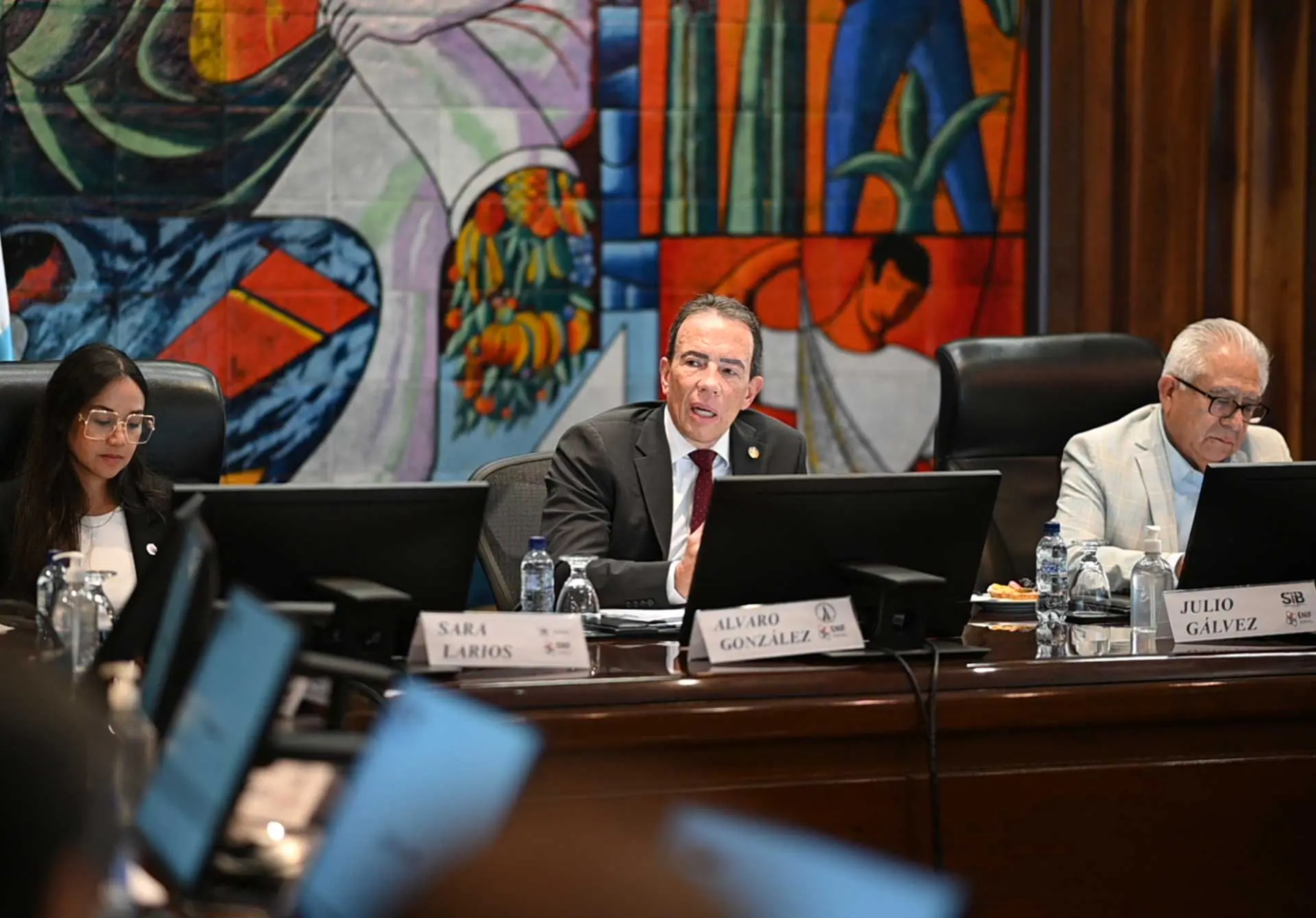 Viceministra de Asuntos Registrales del Ministerio de Economía, licenciada Sara Larios Hernández; Presidente de la Junta Monetaria y del Banco de Guatemala, licenciado Alvaro González Ricci; e Intendente de Administración Estratégica de la Superintendencia de Bancos, licenciado Julio Gálvez.
